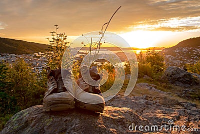 A Pair of Worn Hiking Boots Stock Photo