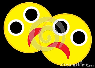 A pair of yellow shocked fear expression smileys emoticons all black backdrop Cartoon Illustration