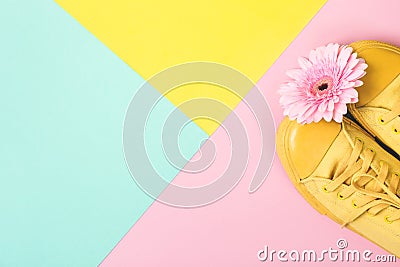 Pair of yellow sneakers and gerbera flower on geometric pastel background. Spring summer fashion concept Stock Photo