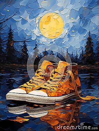 Pair Of Yellow Sneakers On A Reflective Surface Stock Photo