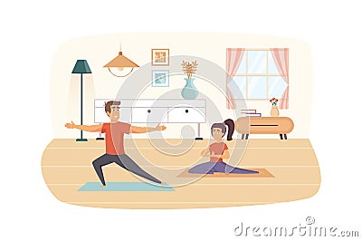 Pair yoga at home. Man doing balance position, woman exercising Vector Illustration