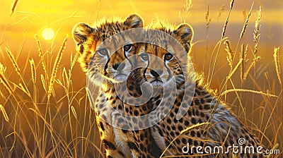 Pair cheetah cubs Serengeti Africa African safari Stock Photo