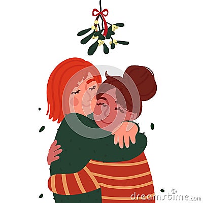 A pair of young girls hugging under the branch of mistletoe. Cartoon characters isolated on white background. Vector illustration Cartoon Illustration