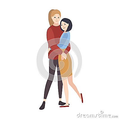 Pair of young happy women dressed in casual clothing, standing together, hugging and smiling. Lesbian couple. Flat Vector Illustration