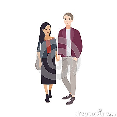 Pair of young man and woman of different nationalities dressed in stylish clothing Vector Illustration