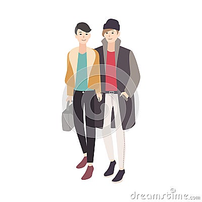 Pair of young men dressed in trendy outerwear smiling Vector Illustration