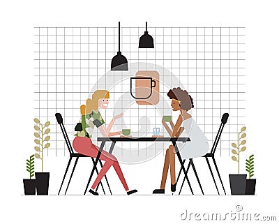 Pair of young women of girlfriends sitting at table, drinking tea and talking. Friendly meeting and conversation at cafe Vector Illustration