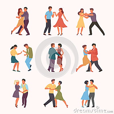 Paired dancing set. Woman with man circle passionate cuban rumba teens rock quickstep stylish male female characters Vector Illustration