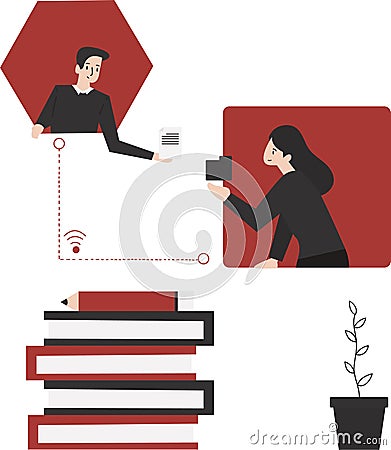 Pairing teacher sending file online Vector Illustration