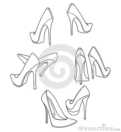 4 pairs of graceful stiletto high heel women shoes. Line drawing. Illustration Stock Photo