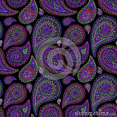 Paisley buta doodle colorful line art seamless pattern Stock Photo