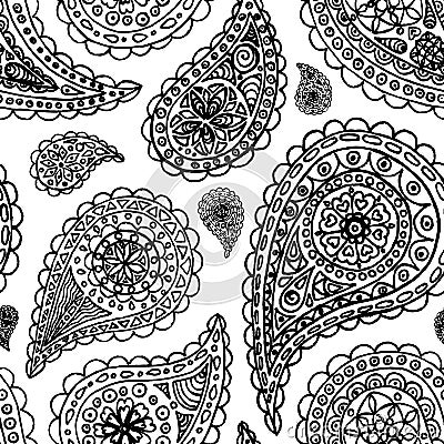 Paisley buta doodle monochrome line art seamless pattern vector Vector Illustration