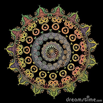 Paisley Embroidery mandala pattern. Vector colorful tapestry floral round ornament. Grunge texture. Embroidered Paisley flowers, Vector Illustration