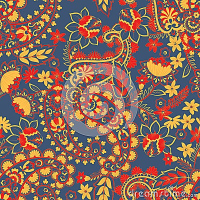 Paisley ethnic seamless pattern with floral elements Vector Illustration