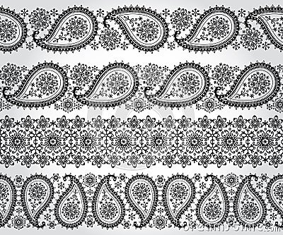 Paisley seamless border set.Winter silhouette lace Vector Illustration