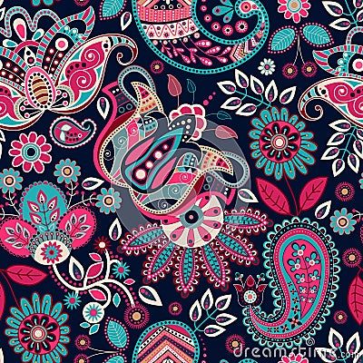 Paisley seamless pattern. Colorful flowers wallpaper. Pink stylized flowers on the dark background Vector Illustration