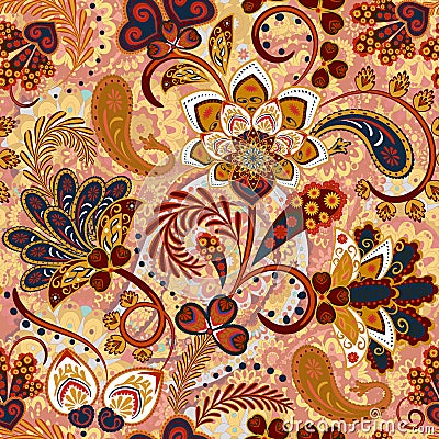 Paisley seamless pattern with flowers in indian style. Floral vector background Vector Illustration