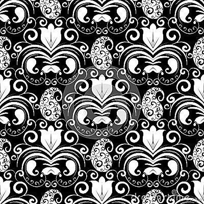 Paisley seamless pattern. Vector black and white floral background with patterned paisley flowers, swirls, dots, tulips, curve li Vector Illustration