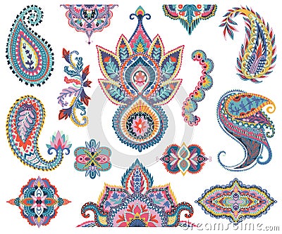 Paisley set. Oriental decorative design elements for fabric, prints, wrapping paper, card, invitation, wallpaper. Vector Illustration