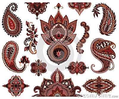 Paisley set. Oriental decorative design elements. Henna mehndi tattoo ornament. Vector Illustration