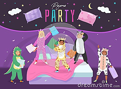 Pajama party. Happy children fight with pillows, kids animals costumes party, boys and girls jump on bed friends Vector Illustration