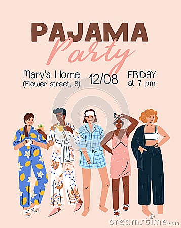 Pajama party invitation on flyer. Poster design inviting to pyjama home event with women in sleepwear. Vertical card Vector Illustration