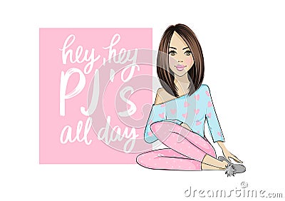 Pajama party vector illustration with beautiful young brunette woman. Vector Illustration