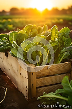 Pak Choi salad in a wooden box with field and sunset in the background. Stock Photo