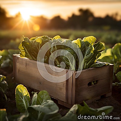 Pak Choi salad in a wooden box with field and sunset in the background. Stock Photo