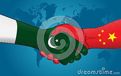 Pakistan-China relations. Handshake Pakistan and China. Vector Illustration