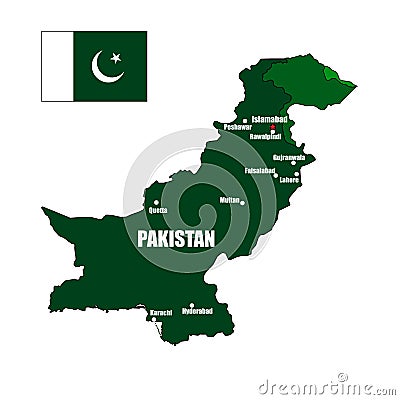 Pakistan country green flag vector map with major cities on isolated white background and pin for travel, Asia, and geography con Vector Illustration