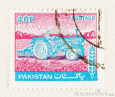 Pakistan Postage Stamp Featuring farm Tractor Editorial Stock Photo