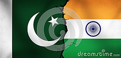 Pakistan Vs India Flag with Crack as a sign of Conflict between two south Asian Countries. Modern war concept backdrop Stock Photo