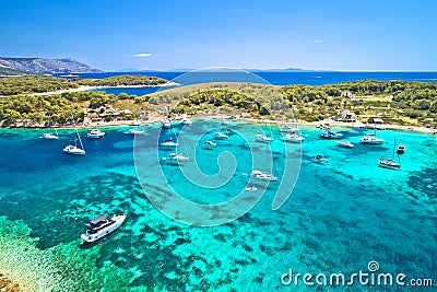 Pakleni otoci Marinkovac island turquoise bay yachting destination aerial view, Hvar island Editorial Stock Photo