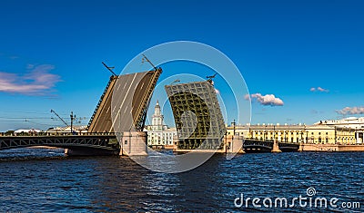 The Palace Bridge, a rare case of raising the bridge in the daytime, Saint Petersburg, Russia Stock Photo