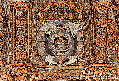 Palace facade on painted textile piece, carpet from 17th century with coral beads on silk Stock Photo