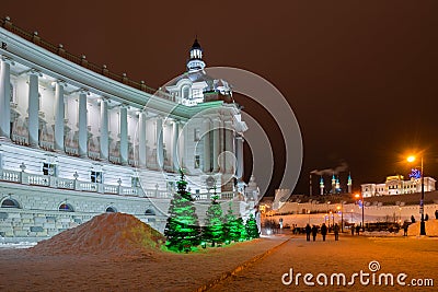Winter evening in front of the Palace of Farmers, Ministry of Agriculture and Food of Republic of Tatarstan in Kazan Editorial Stock Photo