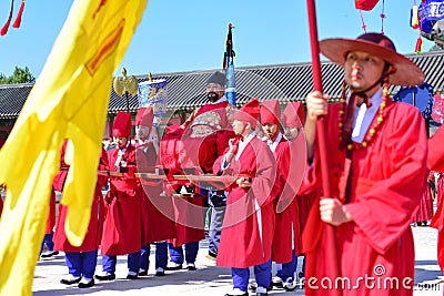 Palace guards inspection ceremony taking place at Gyeongbokgung Palace in Seoul Editorial Stock Photo