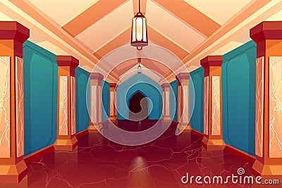 Palace hall, castle column empty corridor interior Vector Illustration