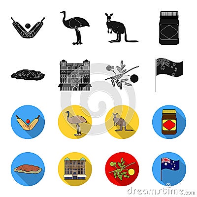 The palace of Queen Victoria, Mount Uluru, a flower of a mimosa, a national flag.Australia set collection icons in black Vector Illustration