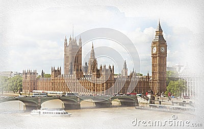 The Palace of Westminster, Elizabeth Tower and Westminster Bridge Stock Photo