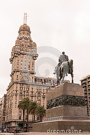 The Palacio Salvo, in the independence square of Montevido, the center of the capital of Uruguay. Eclectic Art Deco style, is an Editorial Stock Photo