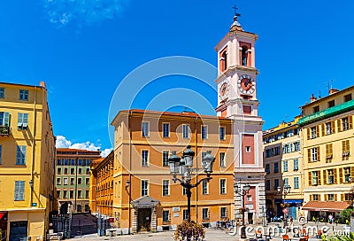 Palais Rusca Palace and Tour de l'Horloge clock tower at Place du Palais de Justice Palace square in Nice in France Editorial Stock Photo