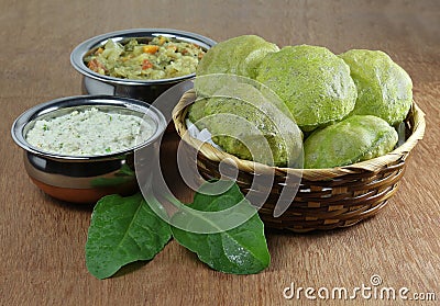 Palak Poori Indian Vegetarian Breakfast with Coconut Chutney Stock Photo