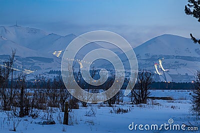 Palandoken mountain with ski resort lights at night in Erzurum Stock Photo