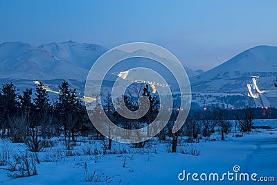 Palandoken mountain with ski resort lights at night in Erzurum Stock Photo