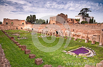 Palatine Stadium ruins background Domus Augustana ruins in Palatine Hill at Rome Stock Photo