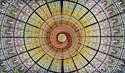 Palau de la Musica Catalana skylight of stained glass, Barcelona, Spain Stock Photo