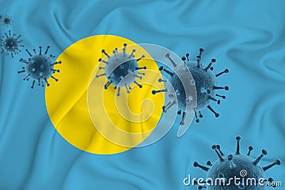 Palau flag. Blue viral cells, pandemic influenza virus epidemic infection, coronavirus, infection concept. 3d-rendering Stock Photo