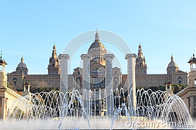 Palau Nacional (National art museum of Catalonia), Four columns and Magic fountain in Barcelona Stock Photo